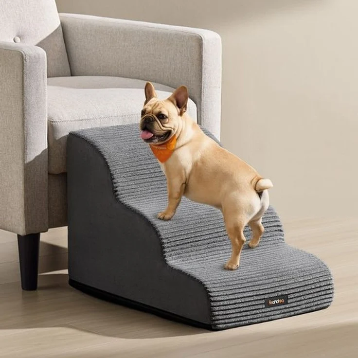 FEANDREA Hundetreppe, 3-stufig-Haustiertreppe, Cord mit Querstreifen, rutschfest, abnehmbarer waschbarer Bezug, schiefergrau – Bild 1