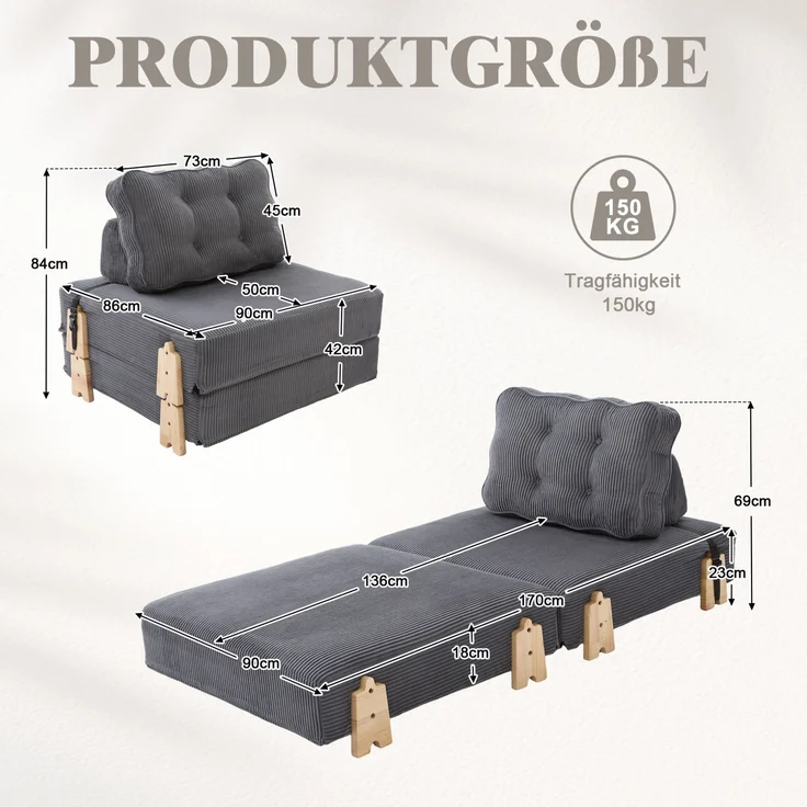 Schlafsessel 90 x 86 x 84 cm in Dunkelgrau – klappbar mit Cordbezug und Holzgestell – Bild 2