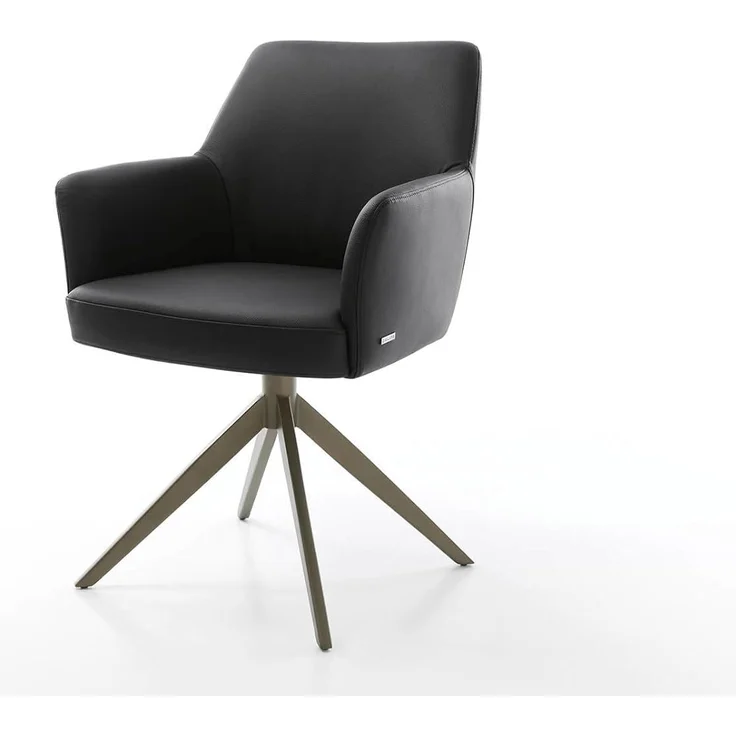 Drehstuhl Xana-Flex mit Armlehnen Echt-Leder Schwarz Kreuzgestell breit Effektfinish Titan 360° drehbar Taschenfederkern – Bild 3