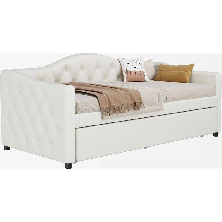 Merax Daybett, 90x200cm Tagesbett mit ausziehbarem Bett,Schlafsofa, Einzelbett(Ohne Matratze), Leinen, minimalistisches Styling, beige – Bild 7
