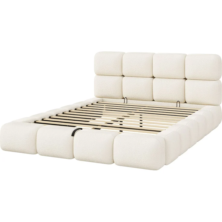 Gepolstertes Doppelbett, 160 x 200 cm, hydraulisch verstellbar, wolkenförmiges Bett, Stauraumbett, Bubble-Design, Lattenrost, mit Kopfteil und großem Stauraum, gepolstertes Kopfteil, weißer Schlingenveloursstoff. – Bild 9