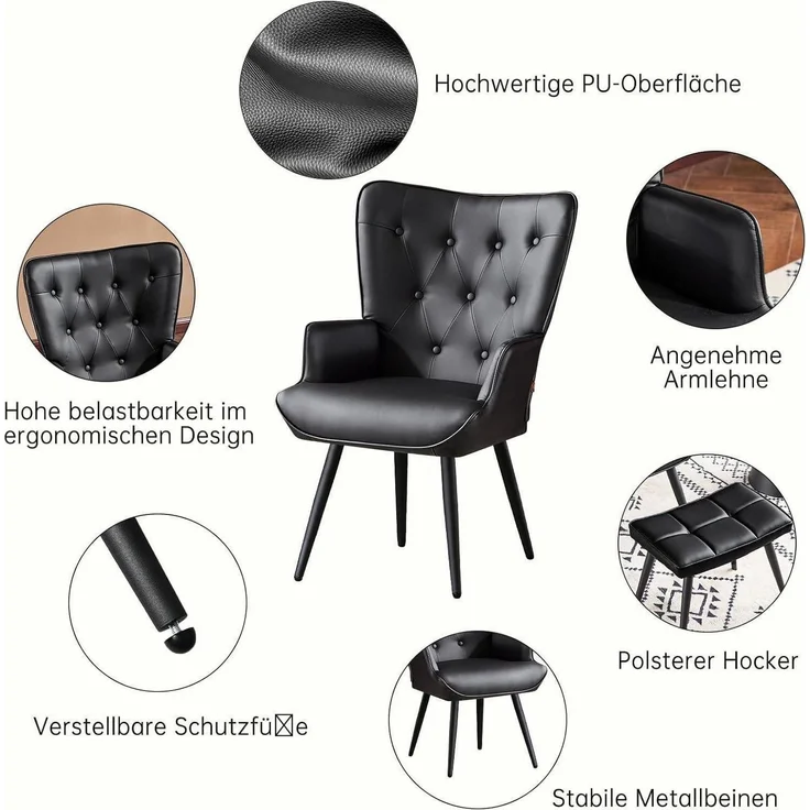 Sessel Ohrensessel Relaxsessel Kunstleder mit Hocker Schwarz pu – Bild 5