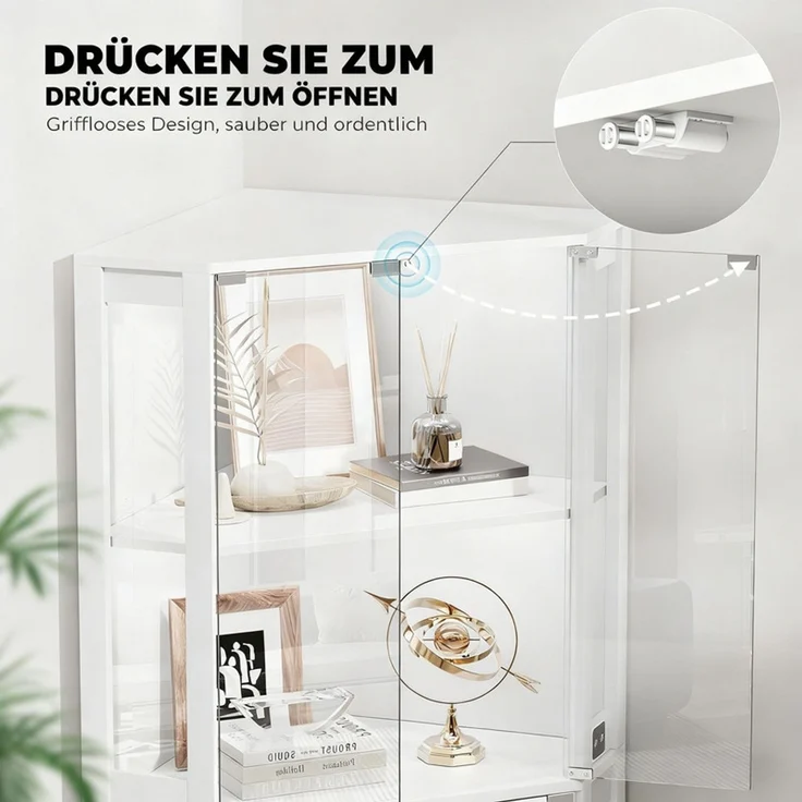Eckvitrine 60x165x60 cm, Curio-Schrank mit 4 Regalböden, LED-Beleuchtung und Körpersensor, Weiß – Bild 6