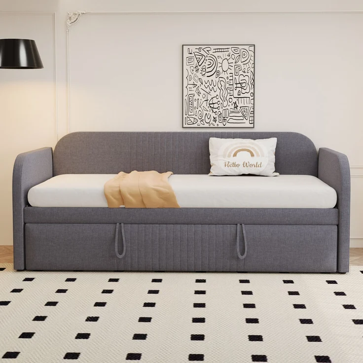Polsterbett, Ausziehbares Schlafsofa mit vertikalen Streifen Lattenrost Multifunktionsbett Leinenstoff, Leinen, Grau, 90/180x190cm – Bild 4