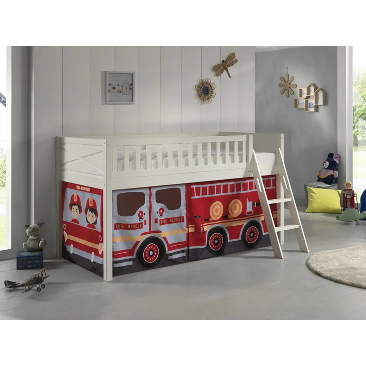 Vipack 'Scotty' Spielbett inkl. Lattenrost, Textilset und Leiter in Kiefer Weiß, Fire Rescue