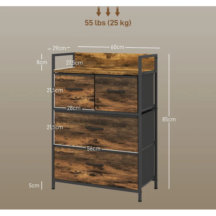 Kommode, Sideboard, 4 Stoffschubladen, Industrial Design, 60x29x85cm, Braun/Schwarz--Rustikal-Braun--60x29x85cm--YOUDENOVA – Bild 5