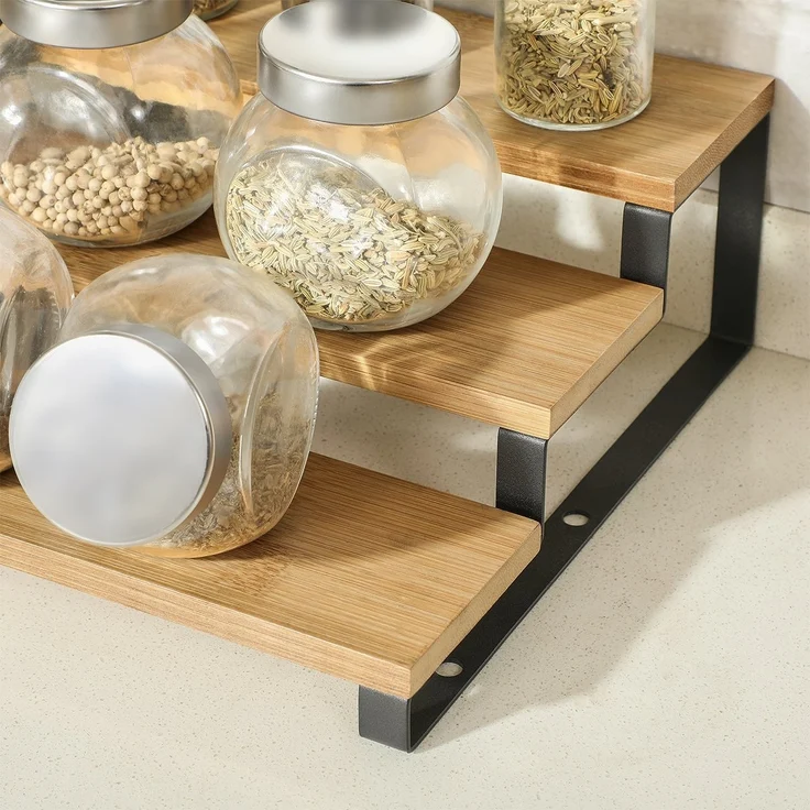 SONGMICS Gewürzregale, Küchenregale stehend, Küchen-Organizer, 2er Set, Holzwerkstoff, je 3 Ablagen, ausziehbar, stapelbar, für Speisekammer, Arbeitsplatte, naturbeige-tintenschwarz KCS016N01 – Bild 7