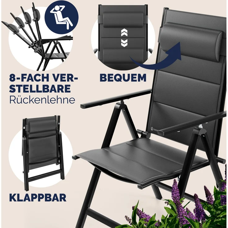 CASARIA® Gartenstühle 4er Set Klappbar Gepolstert Alu 8- Fach Verstellbar – Bild 3