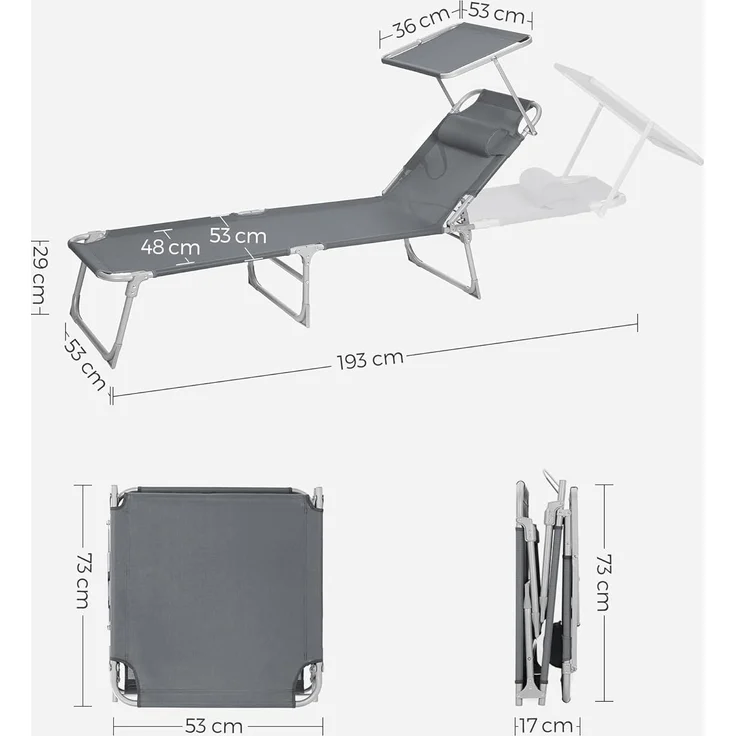 SONGMICS Sonnenliege, 2er Set, Liegestuhl, bis 250 kg belastbar, 193 x 53 x 29 cm, mit Sonnendach und Verstellbarer Rückenlehne GCB19UV1-2 – Bild 3