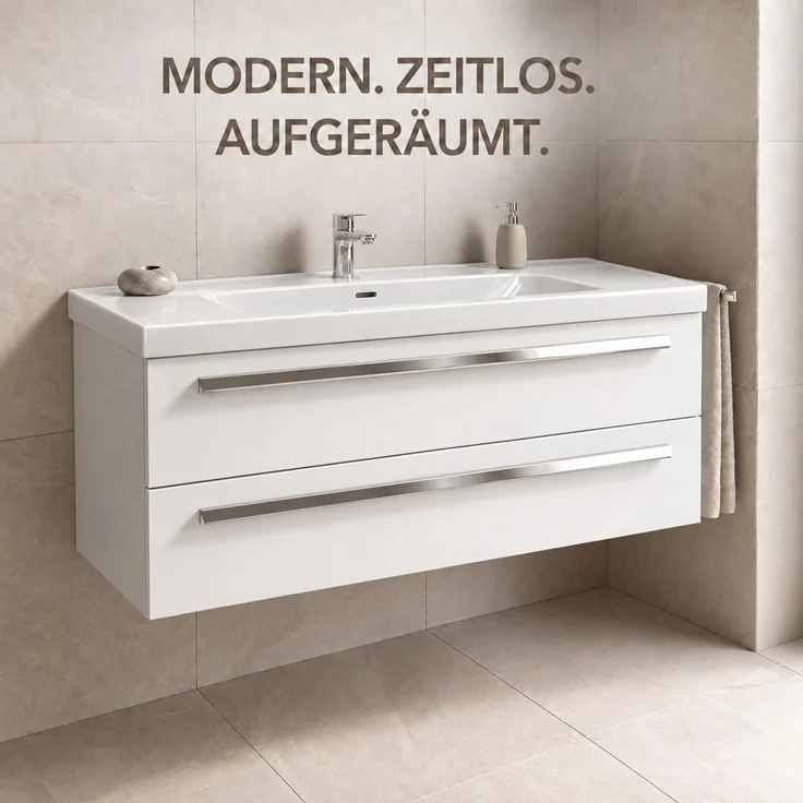 BADEDU TESSANO Waschbecken mit Unterschrank 120 cm breit, Weiß, Waschbecken Keramik Weiß – Bild 3