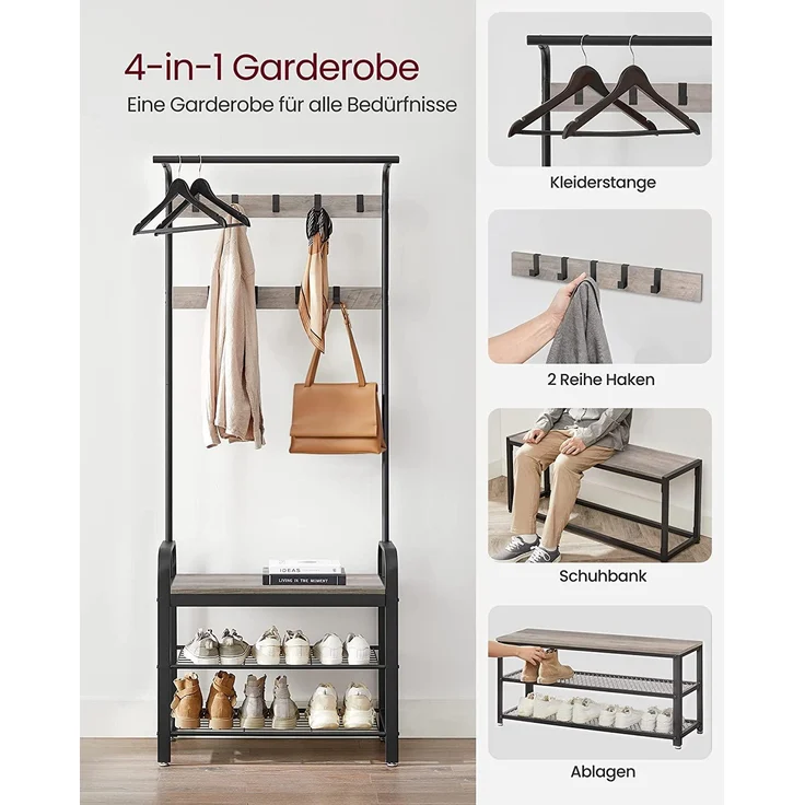 Vasagle Garderobenständer, Garderobe, Schuhregal mit Sitzfläche, Kleiderständer mit 9 abnehmbaren Haken, Sitzbank, 2 Gitterablagen, 183 cm hoch, Indus [HSR40 MB] – Bild 2