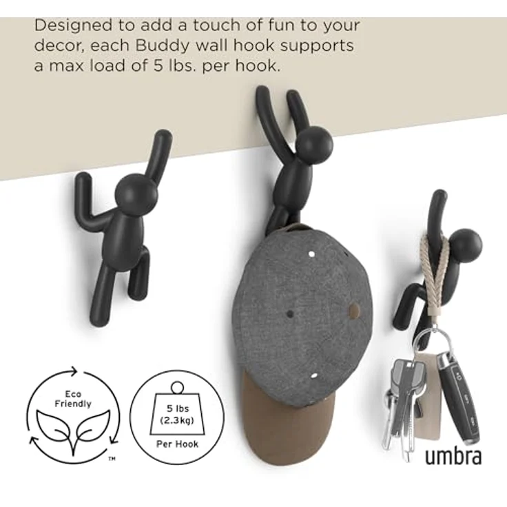 Umbra Buddy Haken - Dekorative Wandhaken Garderobe für Jacken, Schals, Taschen, Rucksäcke, Handtücher und Mehr, 3er-Set, Schwarz – Bild 6