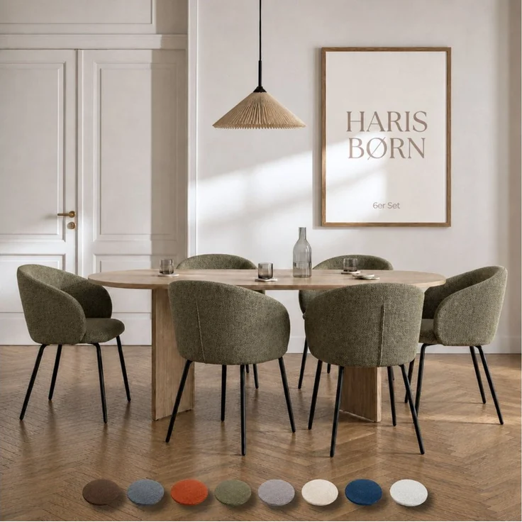 Haris Børn Esszimmerstuhl mit Armlehnen NØR - Hochwertige Polsterstühle für Esszimmer (Set, 6 St), Grün - Premium Esszimmer Stühle & Wohnzimmer Stühle – Bild 1