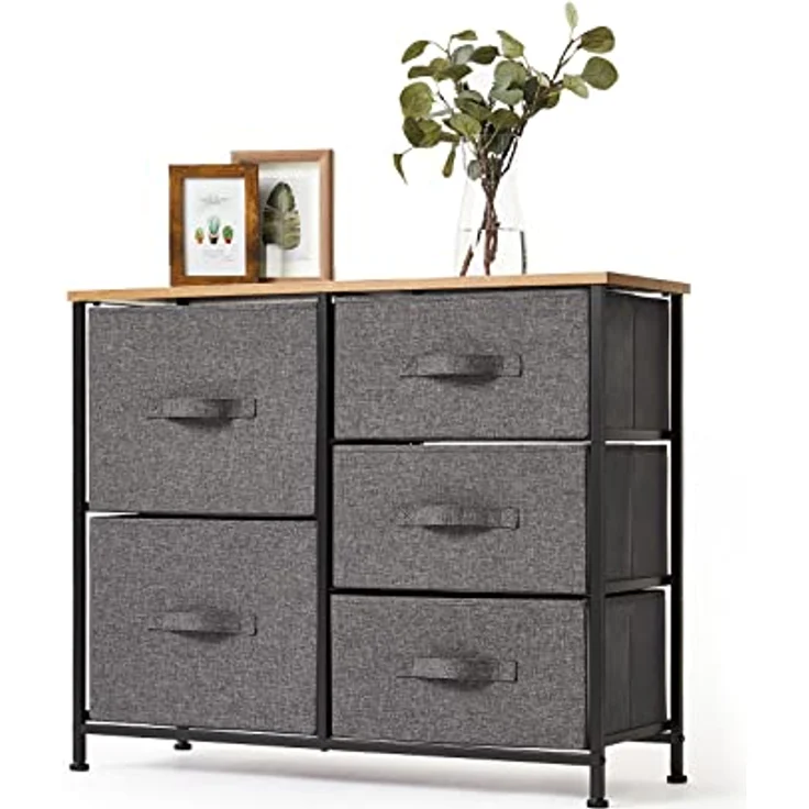Mondeer Kommode, Kommode Schmal, Schrank mit 5 Groß Schubladen, Stoff Schubladenschrank, Kleideraufbewahrung, Aufbewahrung Schrank, 85x30x70cm, Stabiler Metallrahmen, Grau – Bild 9