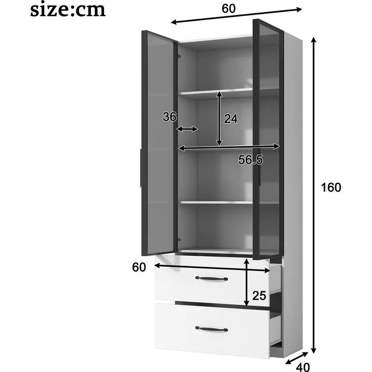 Vitrine 60x40x160 cm mit Sicherheitsglas, 7-farbiger LED-Beleuchtung und 2 Schubladen, Weiß – Bild 5