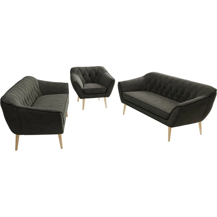 Wohnzimmerset, Möbelset PIRS 3-3-1, Armlehnen, Wellenfederung, Buche Füße, Dreisitzer Sofas mit Sessel, Polstermöbel Set - Dunkelgrau Velvet – Bild 8