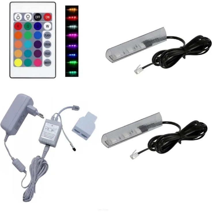 QLS LED Unterbauleuchte Weiß 12V mit Fernbedienung 16 Farben Dimmbar, LED fest integriert, Set Glaskantenbeleuchtung SMD 5050 RGB