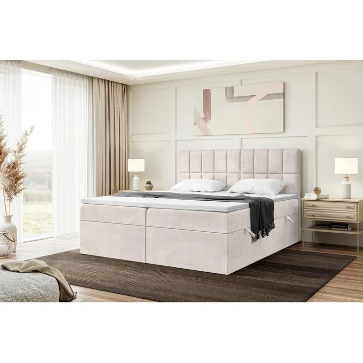 MEBLINI Boxspringbett LUKAS 140x200 cm mit Bettkasten - H4/Beige Samt Polsterbett - Doppelbett mit Topper & Taschenfederkern-Matratze