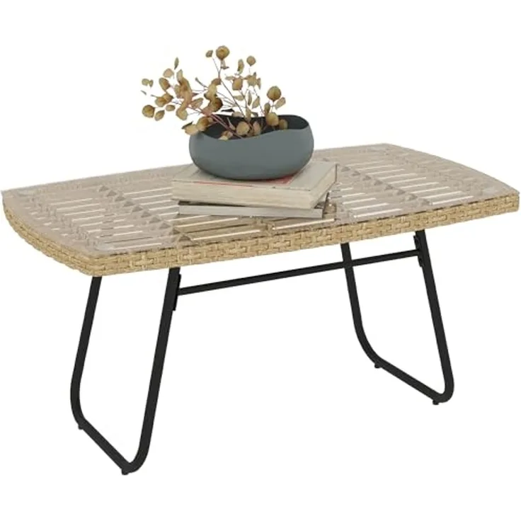 Outsunny Gartentisch UV-beständig, mit Glasplatte (Beistelltisch aus Polyrattan, 1-St, rechteckiger Terrassentisch), 90 x 50 x 45 cm, für Garten, Terrasse, Balkon Naturholz