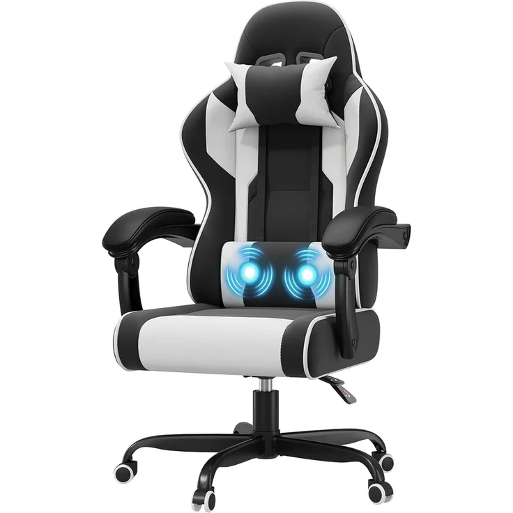 JUMMICO Gaming Stuhl mit Massagefunktion, Bürostuhl Ergonomisch 150kg, Gamer Stuhl mit 50 cm Extrabreites Sitzkissen, Weiß Schwarz – Bild 1