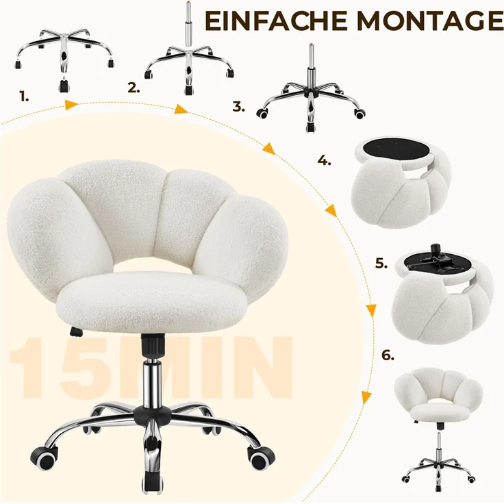 Yaheetech Drehstuhl mit Schaukelfunktion, Höhenverstellbar (45,5 - 56 cm), Bouclé-Gewebe, Weiß – Bild 9