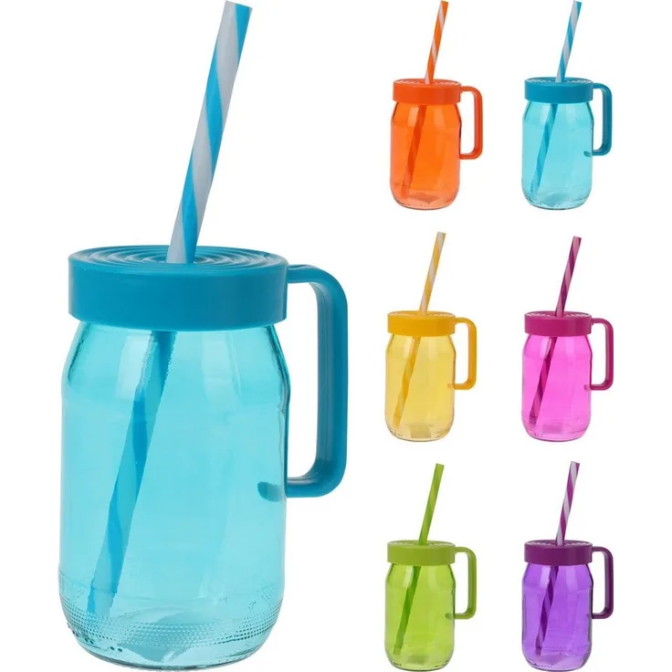 Koopman Gläser-Set Bunt, Glas, 6er Set, mit Strohhalm, mit Deckel, Insektenschutz, Glasbehälter