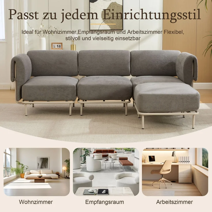 Sofa mit Hocker, 251 x 155 x 78 cm, Sitzfläche 215x63 cm, graues Chenille, modular stellbar – Bild 8