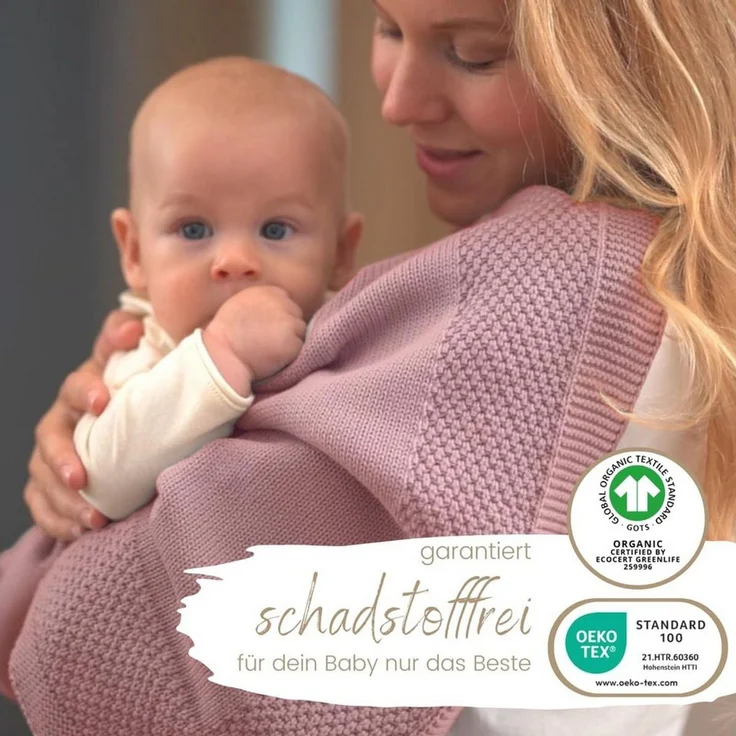 DIKOS® Babydecke GOTS Bio Baumwolle Beere | kuschelweiche Neugeborenen Baby Decke | Strickdecke Schmusedecke Kinderwagen | Erstausstattung Baby Mädchen | Neugeborene Babygeschenke Geschenk zur Geburt – Bild 3
