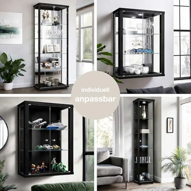 K-Möbel Hängevitrine, Schwarze Glasvitrine mit 2 Fächern, Rechteckig, 60x80x25 cm für Wohnzimmer und Wohnwände – Bild 3