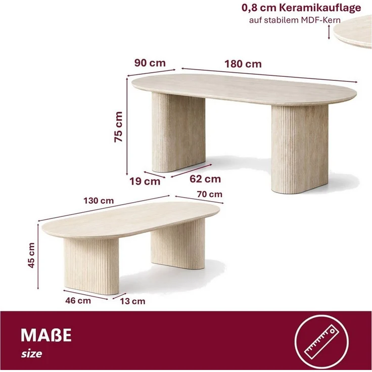 HOOZ Wohnzimmertisch Couchtisch & Esstisch oval Keramik Traventin-Optik 130x70cm/180x90cm (Set, 1× Esstisch, 1× Couchtisch), Keramik-Tischplatte, verschiedene Varianten, pflegeleicht & stabil – Bild 4