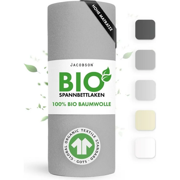 Jacobson Spannbettlaken BIO, Jersey Spannbetttuch, Bettlaken 160 g/m², 100% BIO-Baumwolle, Gummizug: rundum, GOTS zertifiziert – Bild 1
