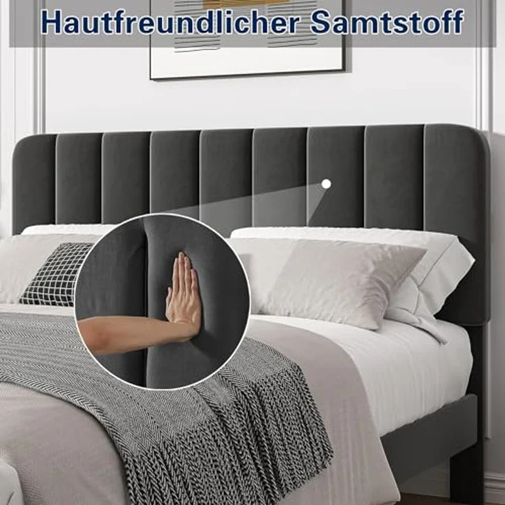 VECELO Polsterbett 140x200 cm Doppelbett mit höhenverstellbarem Samt-Kopfteil, Stabiler Bettrahmen mit Lattenrost, modernes Bettgestell für Schlafzimmer und Jugendzimmer, Grau – Bild 3