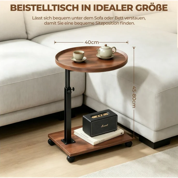 PFCTART Beistelltisch Höhenverstellbarer Beistelltisch mit Rollen, C-Tisch für Sofa (Set, 1-St, MDF & Metall, bis 20 kg belastbar), 45–80 cm höhenverstellbar, Feststellrollen & platzsparendem – Bild 2