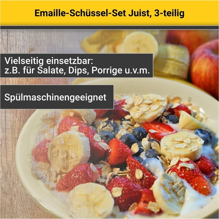Krüger Schüssel Emaille Schüssel-Set Juist, 3 tlg. (20, Ø 24 und Ø 28 cm), Emaille, (Set, 3-tlg), emailliert, geruchsneutral, geschmacksneutral, kratzfest, schnittfest – Bild 3