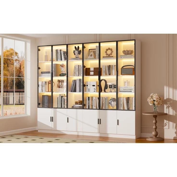 240*32*200cm Vitrine, Standvitrine mit 12 Schranktüren, Hochschrank, Glasvitrine mit LED, Wohnzimmerschrank 240 cm breit, Multifunktionsschrank, Großer Schrank, Weiß--Weiß--240x32x200cm--YOUDENOVA – Bild 9