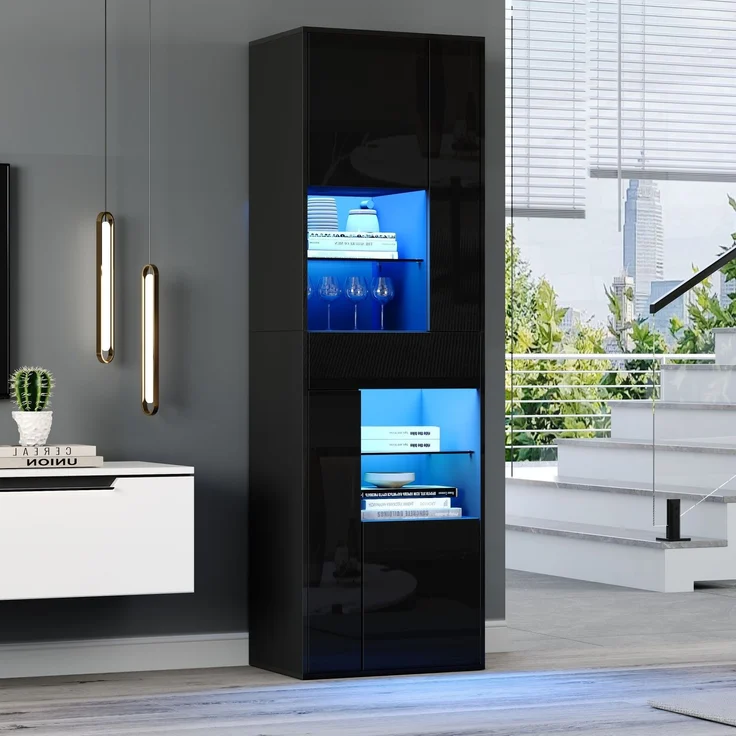 55*38*170cm Verkaufsvitrine, Hochschrank mit 1 Schublade und 4 Schränken,Glasvitrine Vitrinenschränke mit led , Vitrinen Mit Hochglanz-Design,Wohnzimmerschränke, Vitrinen, Schaukästen,Schwarz--Schwarz--55x38x170cm--YOUDENOVA – Bild 2