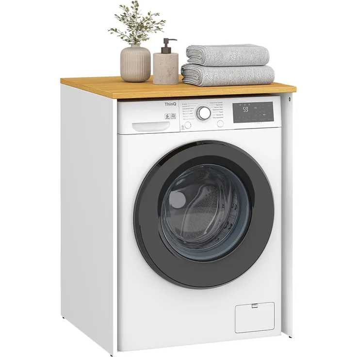 Bellamio 'Vist' Waschmaschine/Trockner Schrank mit Ablage, Weiß/Eichenoptik, Waschmaschinenschrank mit Wandanschluss für Standardgeräte, Badschrank für Hauswirtschaftsraum