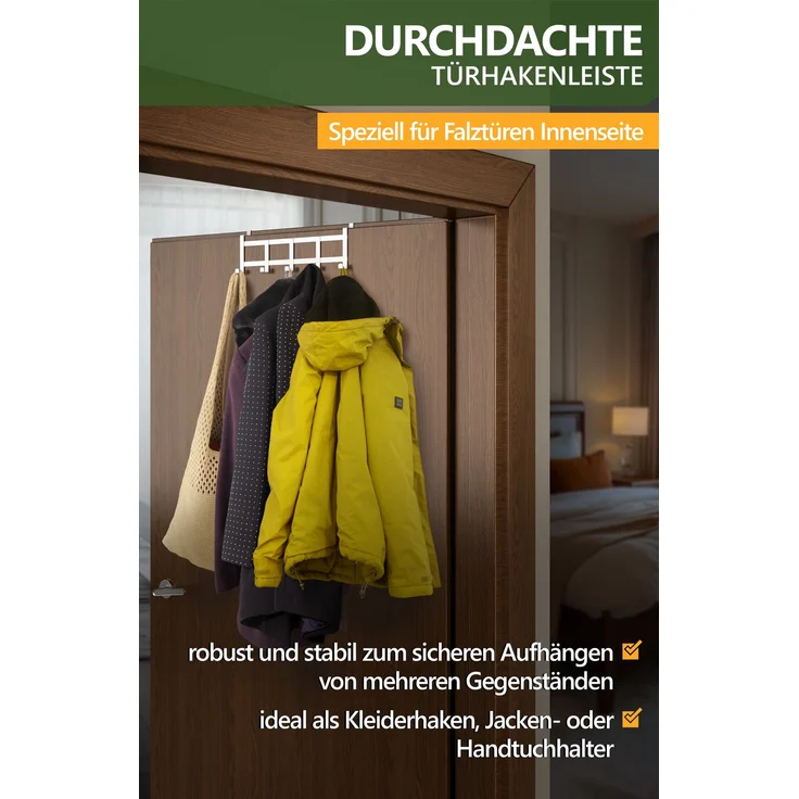 Lindenstein Türgarderobe für Falztüren innen, 5 Haken, Edelstahl, Weiß – bis 15 kg – Bild 3