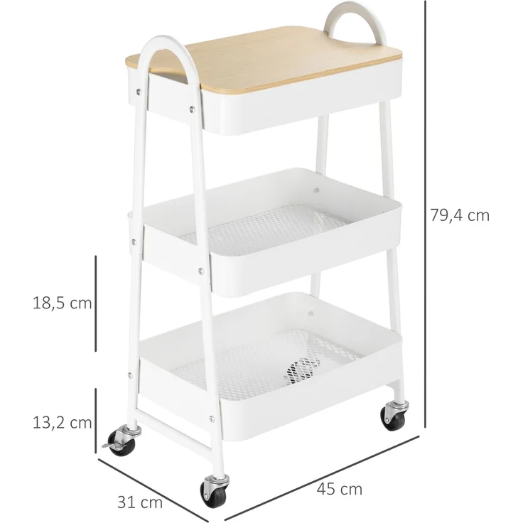 Servierwagen mit 3 Ebenen Küchenwagen mit Rollen Griff Küchenregal mit Korb und Deckel Rollwagen Allzweckwagen für Küche Büro Badezimmer, Weiß--Weiß--45x31x79.4cm--YOUDENOVA – Bild 5