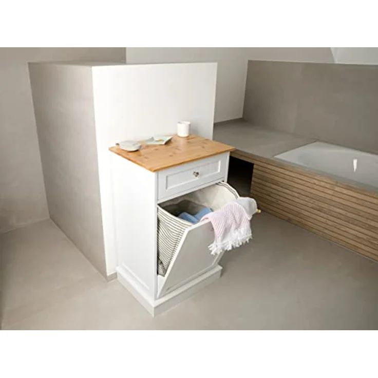WONDERMAKE Wäschebox Mülleimer-Schrank, hoch aus weißem MDF und Bambus mit Schublade, 51 x 37 x 82 cm, klappbar – Bild 2