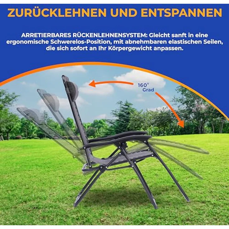 SereneLife Liegestuhl Klappbar, Relaxliege 2er Set Grau als Gartenmöbel zum Relaxen & Liegen, Sonnenstuhl für Balkon, Garten, Terrasse & Camping mit Seitentisch, Kopfkissen & Getränkehalter – Bild 5