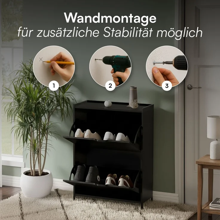 Bellamio 'Ceyhan' Schuhschrank mit 2 Klappen, schmales Schuhregal, schwarz, 50x19x90 cm, Schuhkipper für 4 paar Schuhe – Bild 6