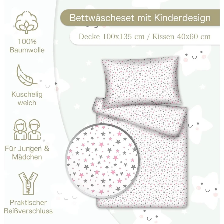 KiGATEX Kinderbettwäsche Stars 100% Baumwolle 40x60/100x135 cm, Reißverschluss – Bild 2