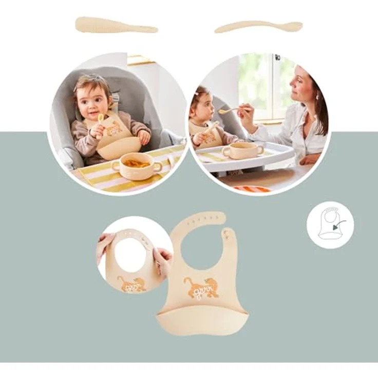 Babymoov Baby Geschirrset Mini Roar - ab 4 Monate - 4er Set Silikon, Baby Lätzchen, 2x Babylöffel, Schüssel, BPA-frei, Spülmaschinenfest – Bild 4