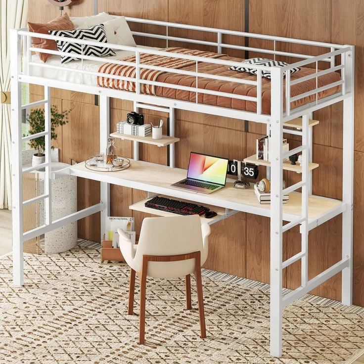EINHOM Hochbett, 90 x 200 cm, Bettgestell Metallbett, Eisenbett, Hochbett mit Schreibtisch und Zwei Bücherregalen für Kinder, Jugendliche und Erwachsene, Weiß (Ohne Matratze) – Bild 5