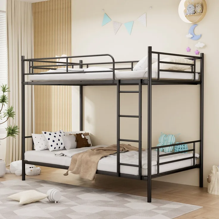 Etagenbett 90×190 cm mit Absturzsicherung und Leiter, Metall, Schwarz, ohne Matratze