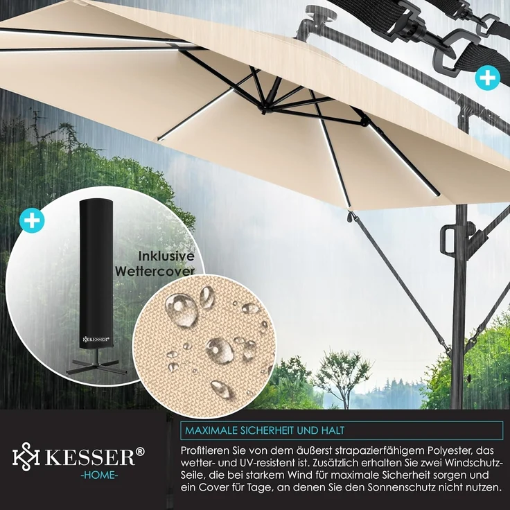KESSER® Ampelschirm Holly Sonnenschirm Rechteckig mit und ohne LED Solar inkl. Abdeckung + Windsicherung mit Kurbel | Kurbel-Schirm mit Ständer UV-Schutz Aluminium Wasserabweisend Ø350cm Gartenschirm Beige, Mit LED – Bild 9
