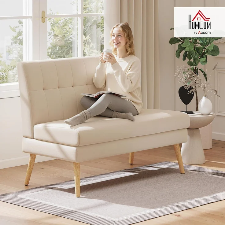 HOMCOM 2-Sitzer mit Massivholzbeine, Leinenoptik, Couch 1 Teile, für Wohnzimmer, Schlafzimmer, Beige – Bild 2