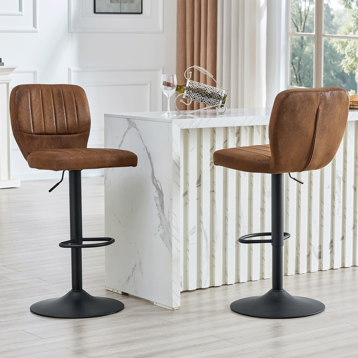 2er-Set Höhenverstellbarer Barhocker 62-83cm, 360° drehbarer Barstuhl mit Rückenlehne & Fußstütze, Ergonomischer Küchenhocker aus Vintage-Kunstleder, belastbar bis 136kg, Braun-Schwarz Industrial Stil--Braun + Schwarz--52x45x51.5cm--YOUDENOVA