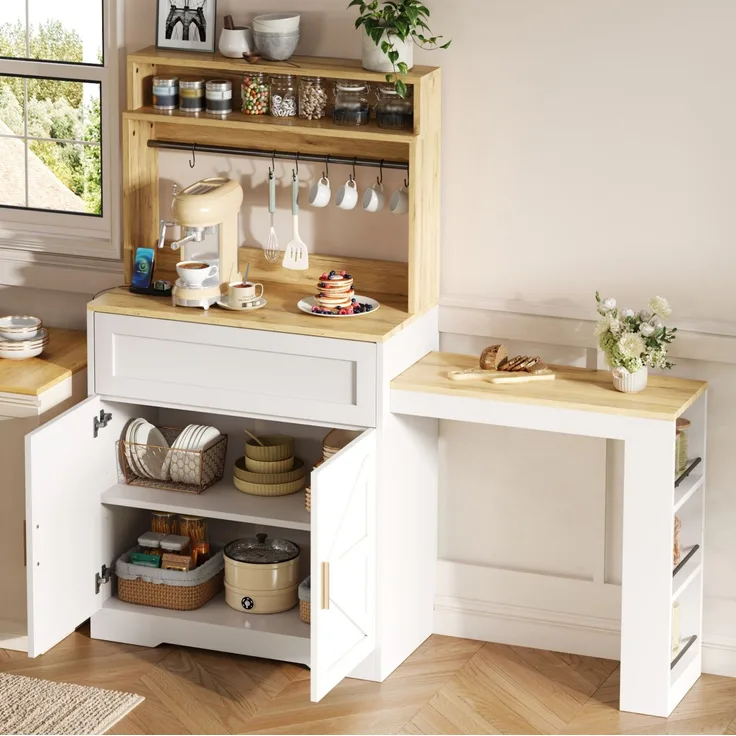 Küchenschrank 144 x 40 x 142 cm in Weiß mit ausziehbarer Arbeitsplatte und Seitenregal